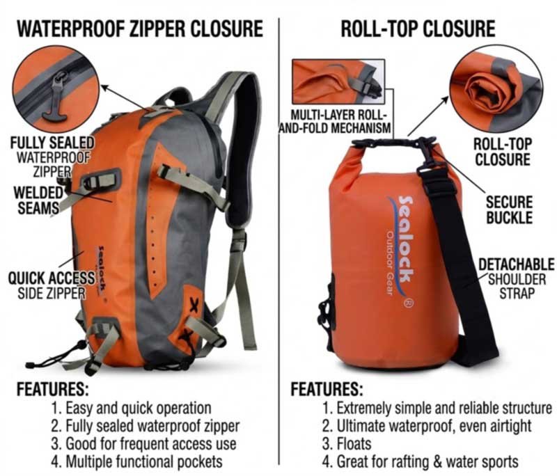 Roll Top vs Waterproof Zipper Camping Bags ສໍາລັບໂຄງການ OEM