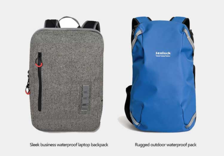 Sleek business waterproof laptop backpack（left） beside a rugged outdoor waterproof pack