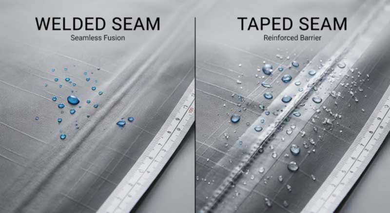 Welded seam and sewn-and-taped seam compared side by side on coated waterproof fabric